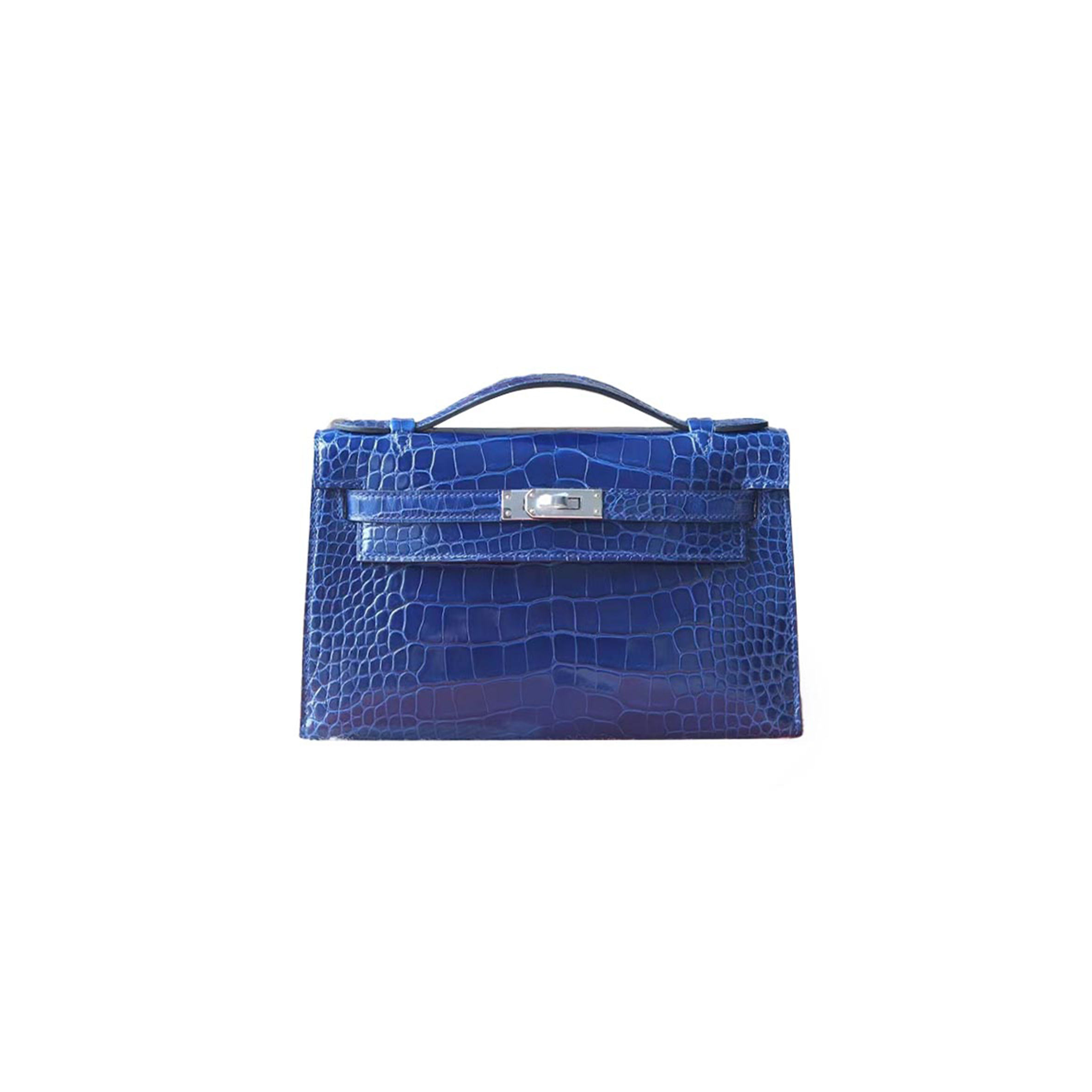 HERMÈS MASTER MINI KELLY POCHETTE SAPPHIRE BLUE GLOSSY CROCODILE LEATHER (22*14*7cm)